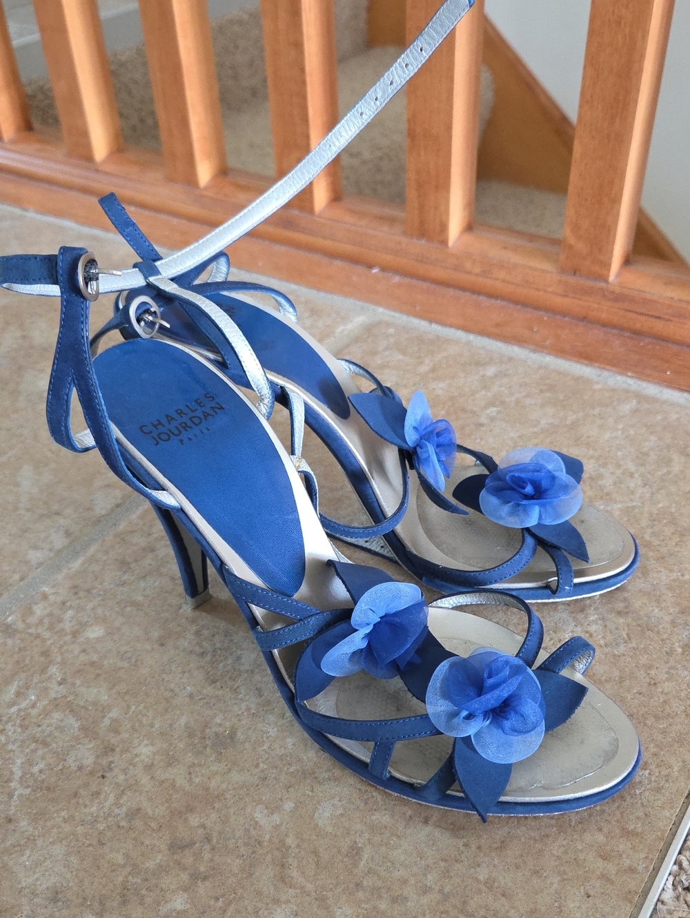 Charles Jourdan Blue Floral Tie-Ankle Heels